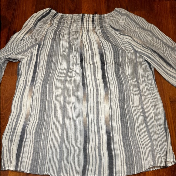 Women’s Petite Blue Stripe Quarter Sleeve Off the Shoulder Top - Picture 2 of 6
